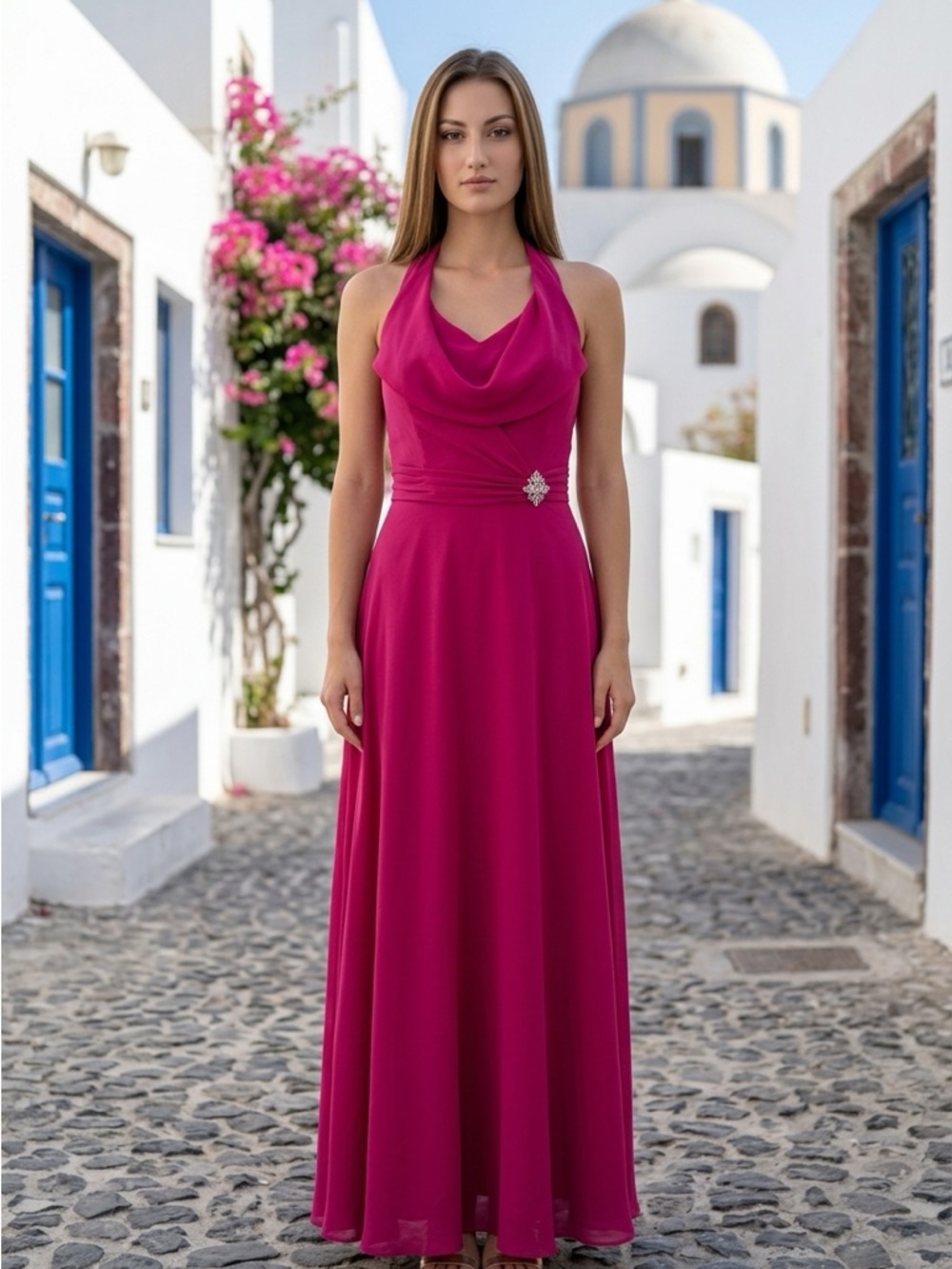 Fuchsia Halter Maxi Dress with Waist Accent